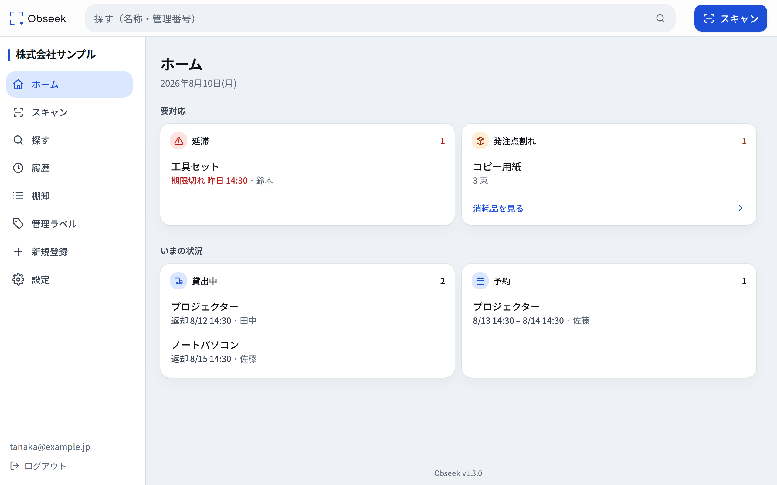 Obseekのホーム画面。要対応（延滞・発注点割れ）といまの状況（貸出中・予約）がカードで並ぶ